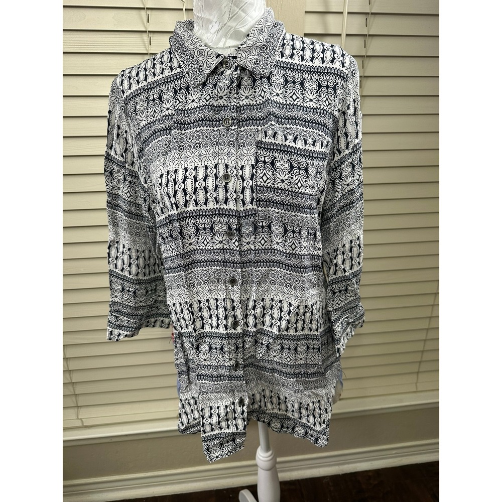 Christopher & Banks‎ Button Down Women S Black White Floral Mixed Media Blouse